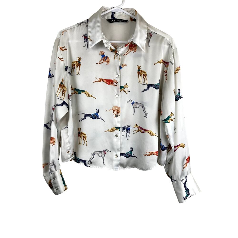 Zara women's satin button-up shirt w/greyhounds & whippits.